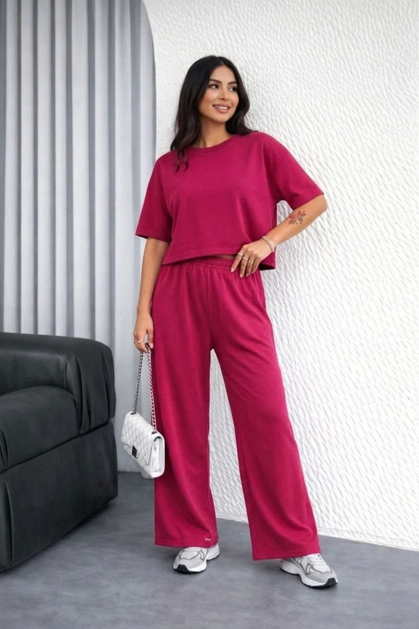 ASSEMA Kadın Osy Modal yumuşak dokulu Oversize İkili Takım Bol Paça Pantolonlu Takım - Fuşya