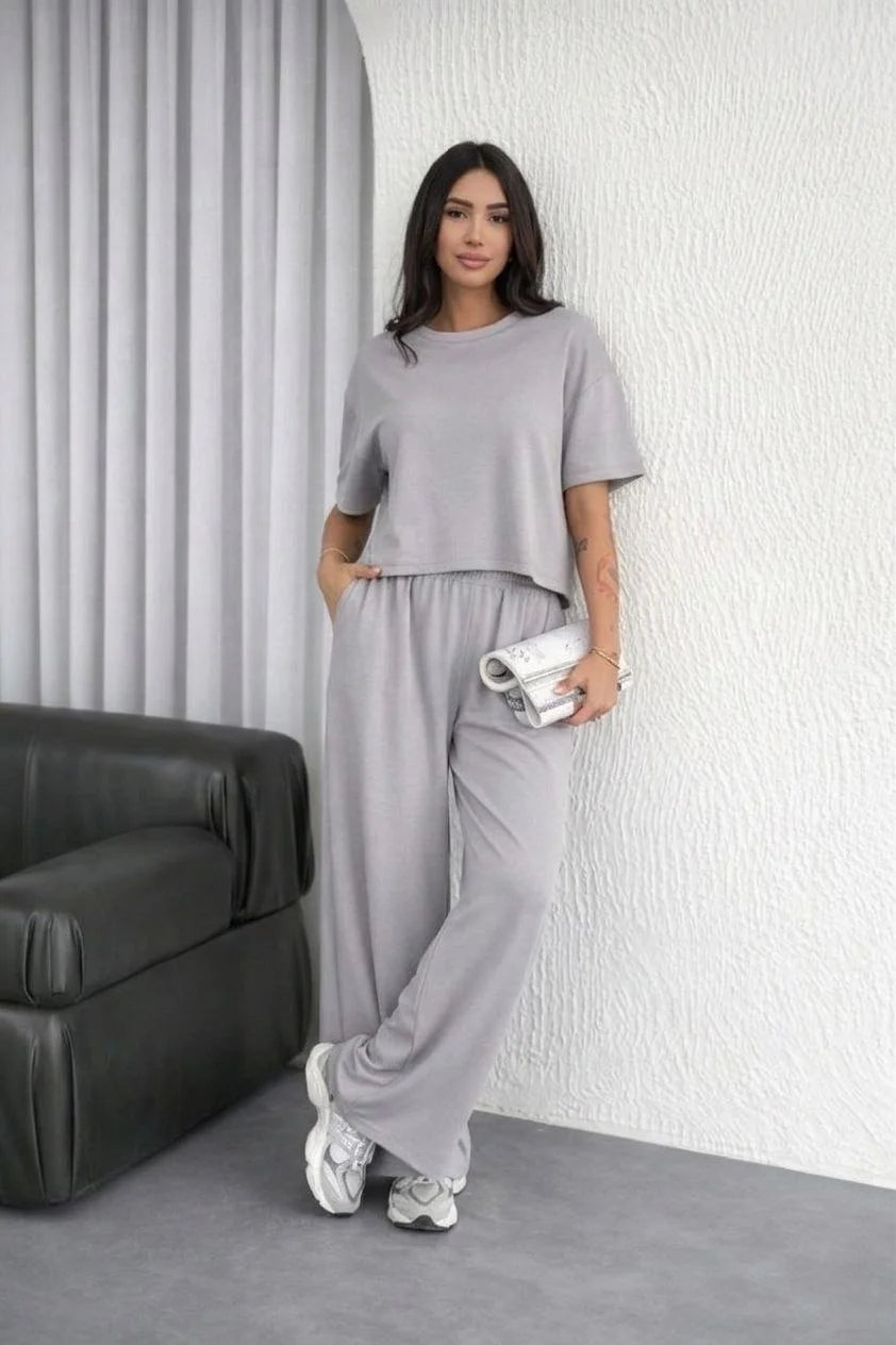 ASSEMA Kadın Osy Modal yumuşak dokulu Oversize İkili Takım Bol Paça Pantolonlu Takım - Gri