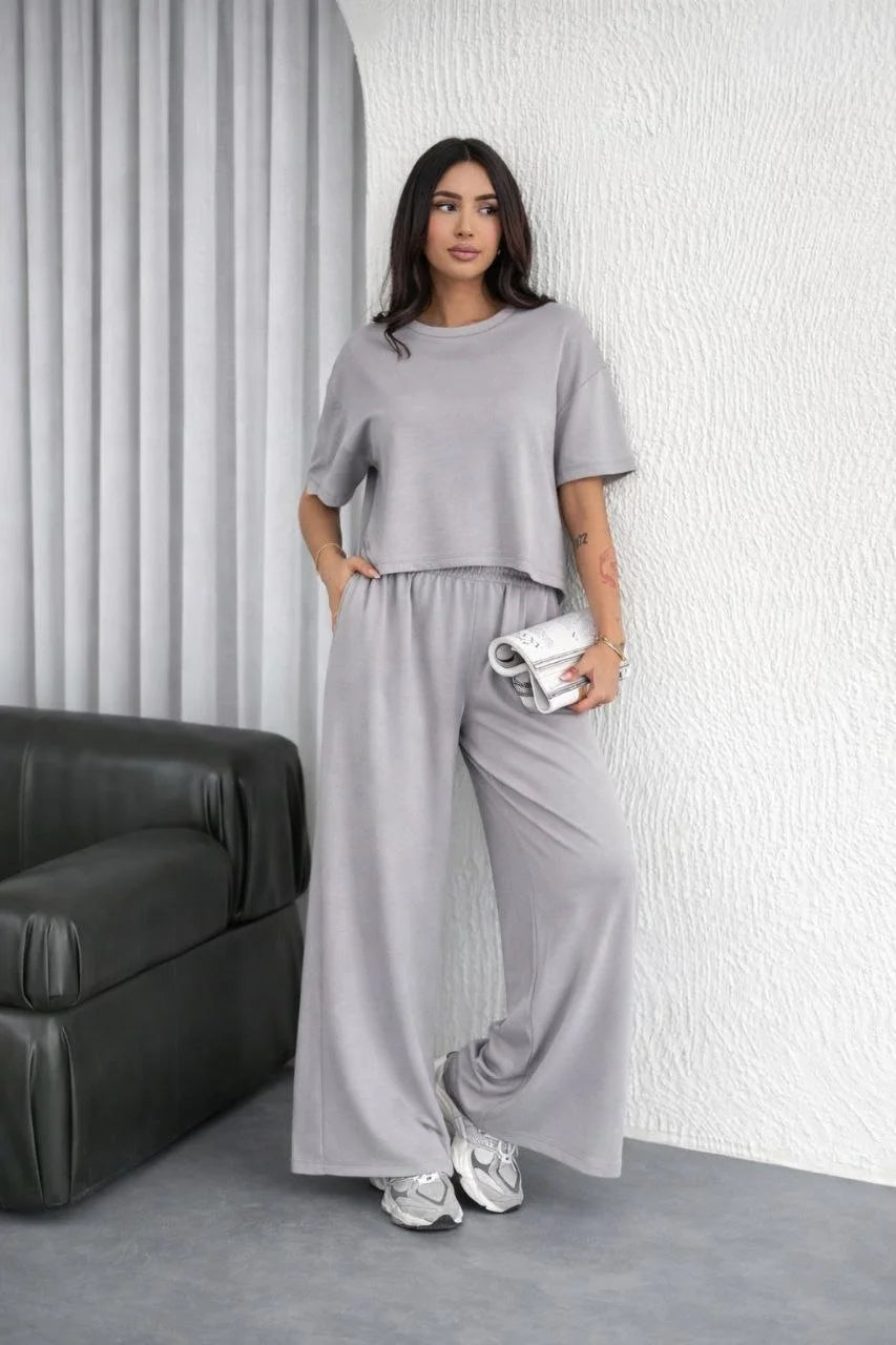 ASSEMA Kadın Osy Modal yumuşak dokulu Oversize İkili Takım Bol Paça Pantolonlu Takım - Gri