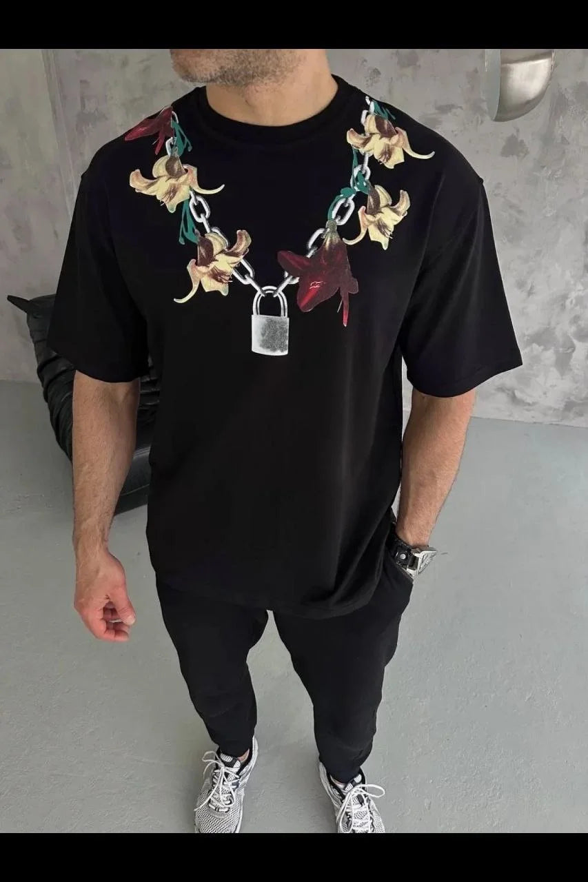 ASSEMA Erkek Baskılı T-Shirt Kısa Kol Bisiklet Yaka Regular Fit Rahat Kalıp Günlük Tişört - Siyah