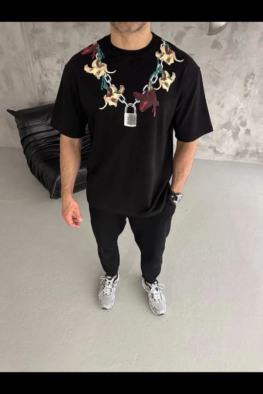 ASSEMA Erkek Baskılı T-Shirt Kısa Kol Bisiklet Yaka Regular Fit Rahat Kalıp Günlük Tişört - Siyah