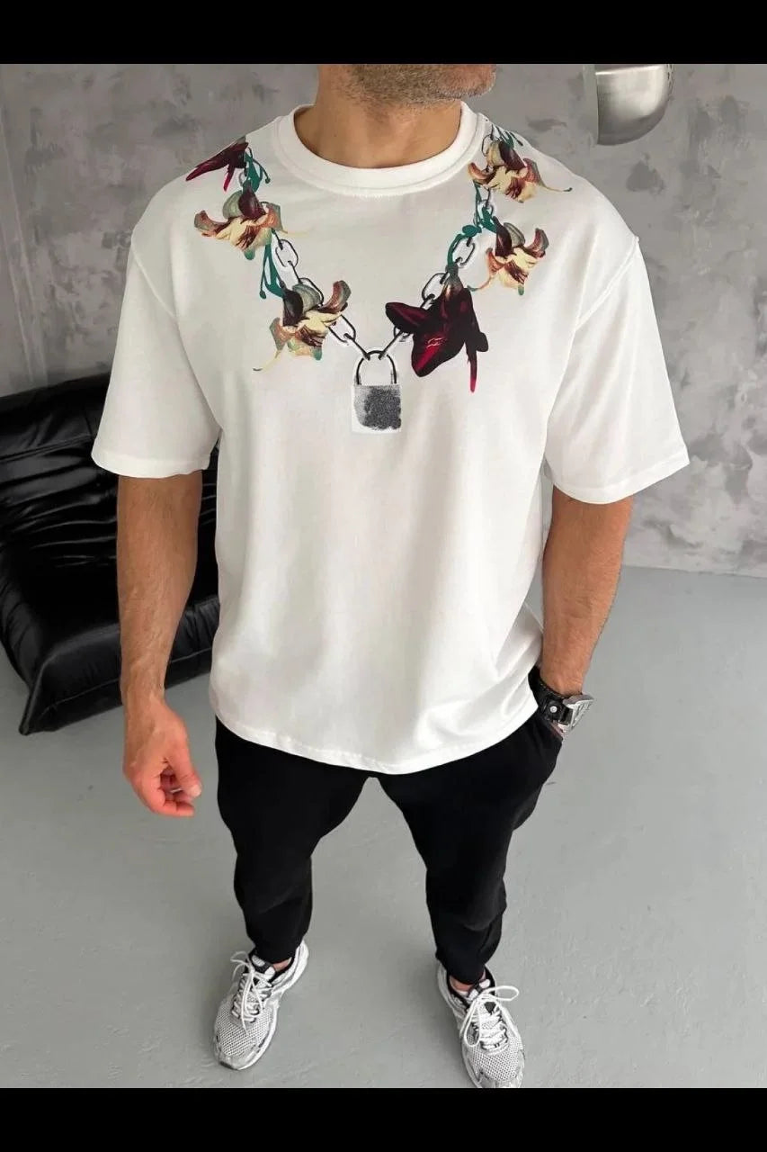 ASSEMA Erkek Baskılı T-Shirt Kısa Kol Bisiklet Yaka Regular Fit Rahat Kalıp Günlük Tişört - Beyaz