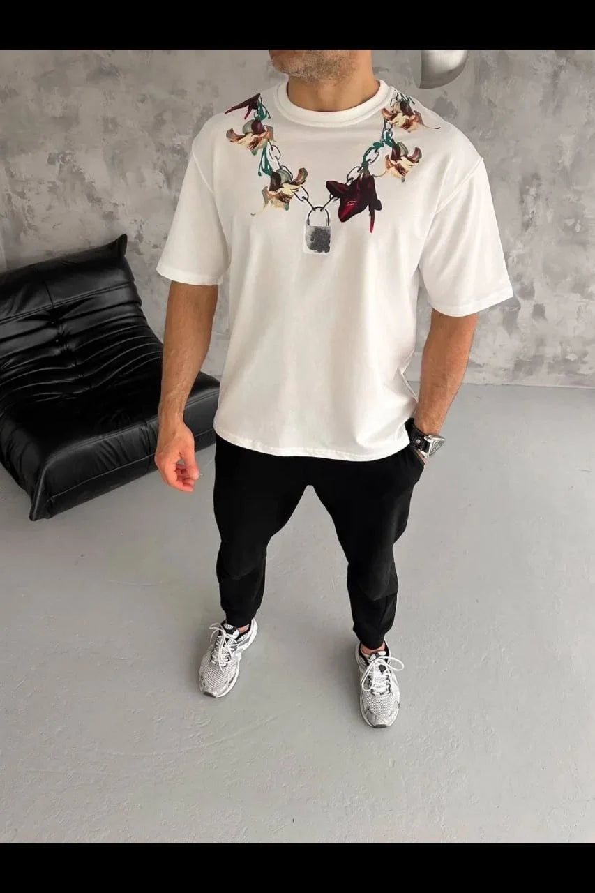 ASSEMA Erkek Baskılı T-Shirt Kısa Kol Bisiklet Yaka Regular Fit Rahat Kalıp Günlük Tişört - Beyaz