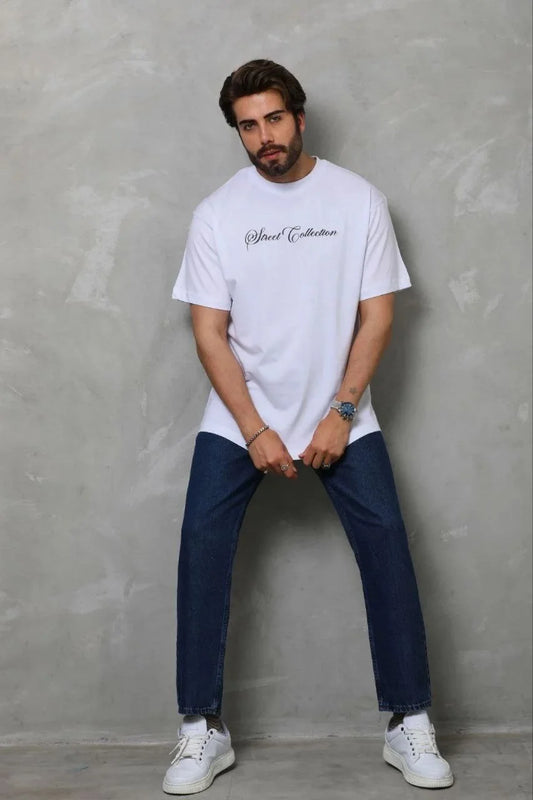 ASSEMA Erkek Baskılı T-Shirt Kısa Kol Bisiklet Yaka Regular Fit Rahat Kalıp Günlük Tişört - Beyaz