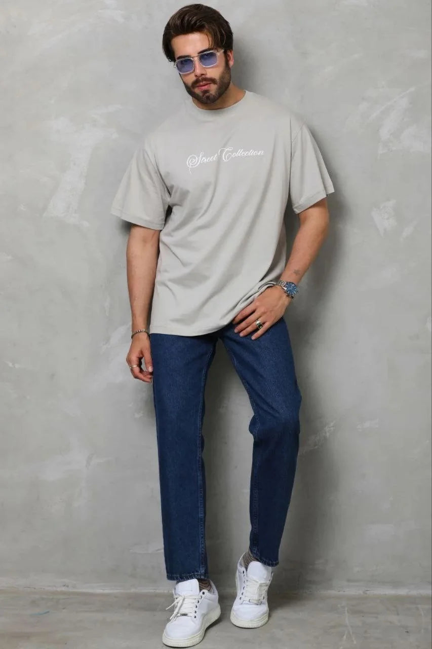 ASSEMA Erkek Baskılı T-Shirt Kısa Kol Bisiklet Yaka Regular Fit Rahat Kalıp Günlük Tişört - Gri