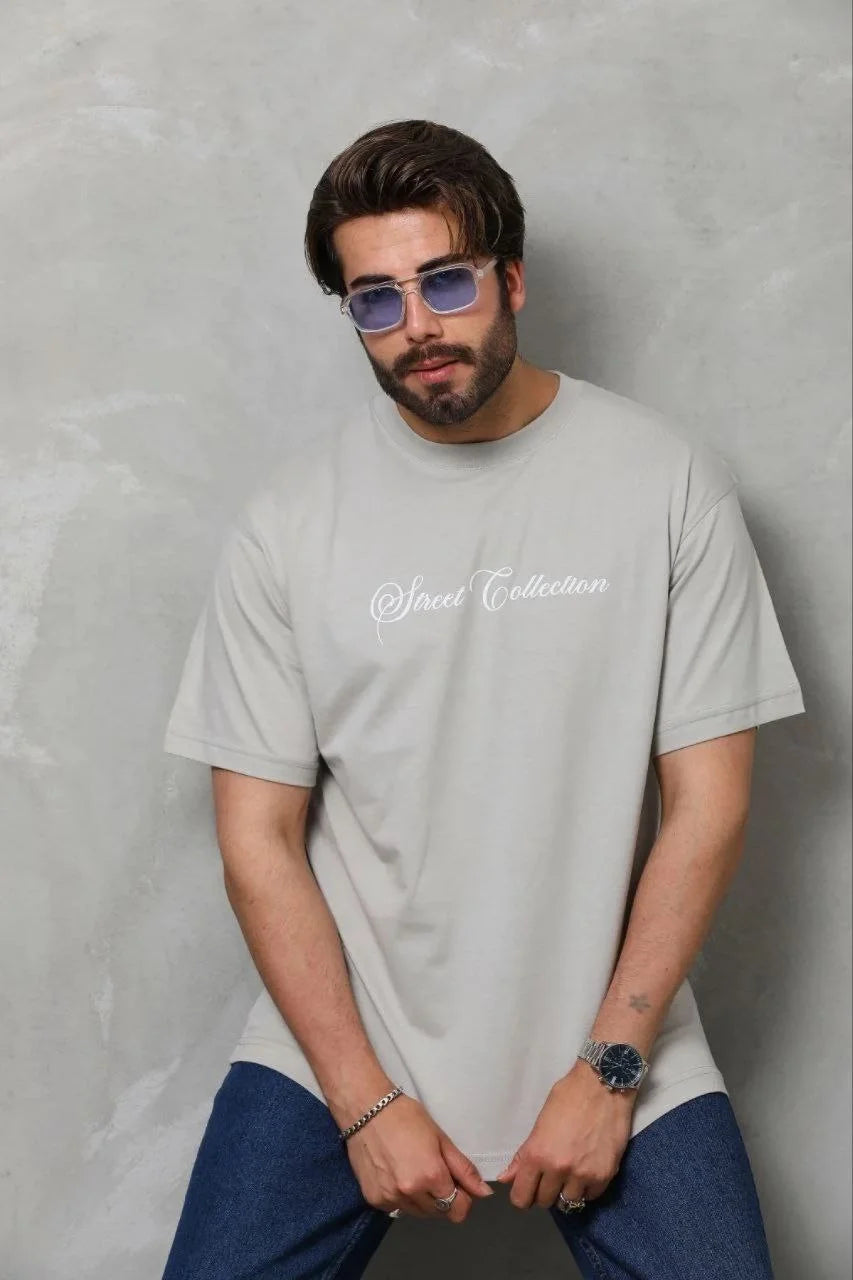 ASSEMA Erkek Baskılı T-Shirt Kısa Kol Bisiklet Yaka Regular Fit Rahat Kalıp Günlük Tişört - Gri