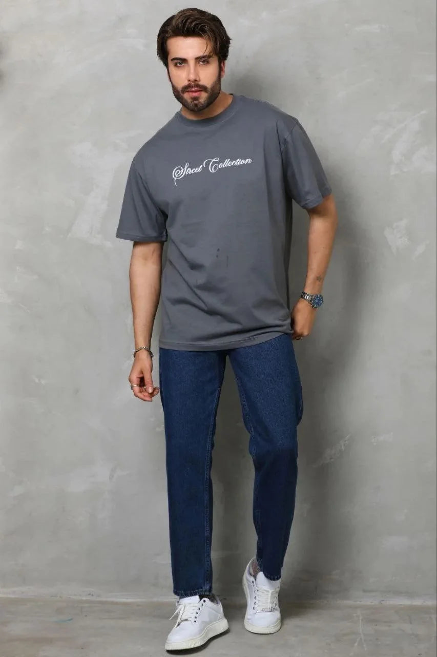 ASSEMA Erkek Baskılı T-Shirt Kısa Kol Bisiklet Yaka Regular Fit Rahat Kalıp Günlük Tişört - Füme