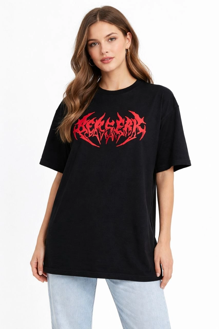 Kadın Kısa Kol Yazlık Tişört Bisiklet Yaka Baskılı Oversize T-Shirt -  Siyah