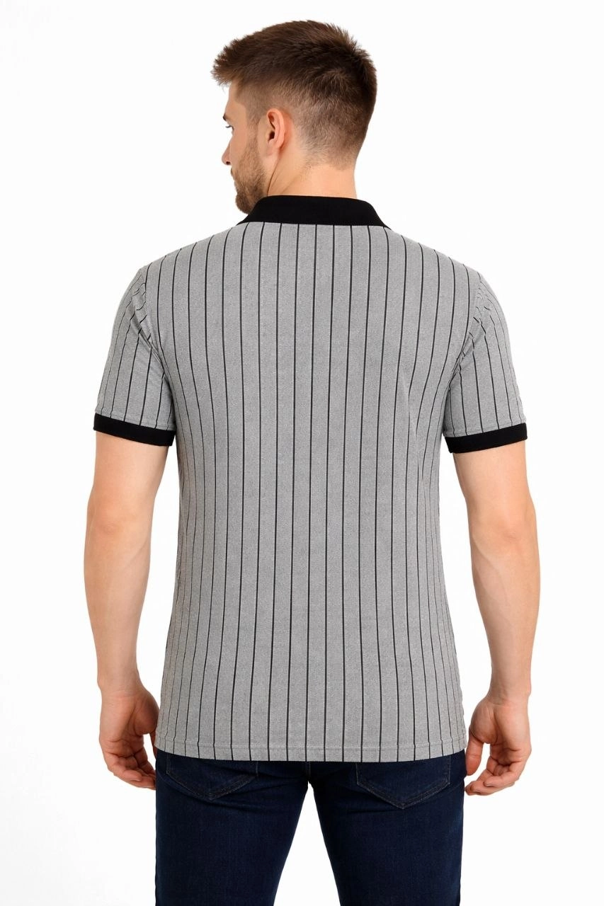 Erkek Polo Yaka Çizgili Tişört Kısa Kol Düğmeli Yazlık T-Shirt - Gri