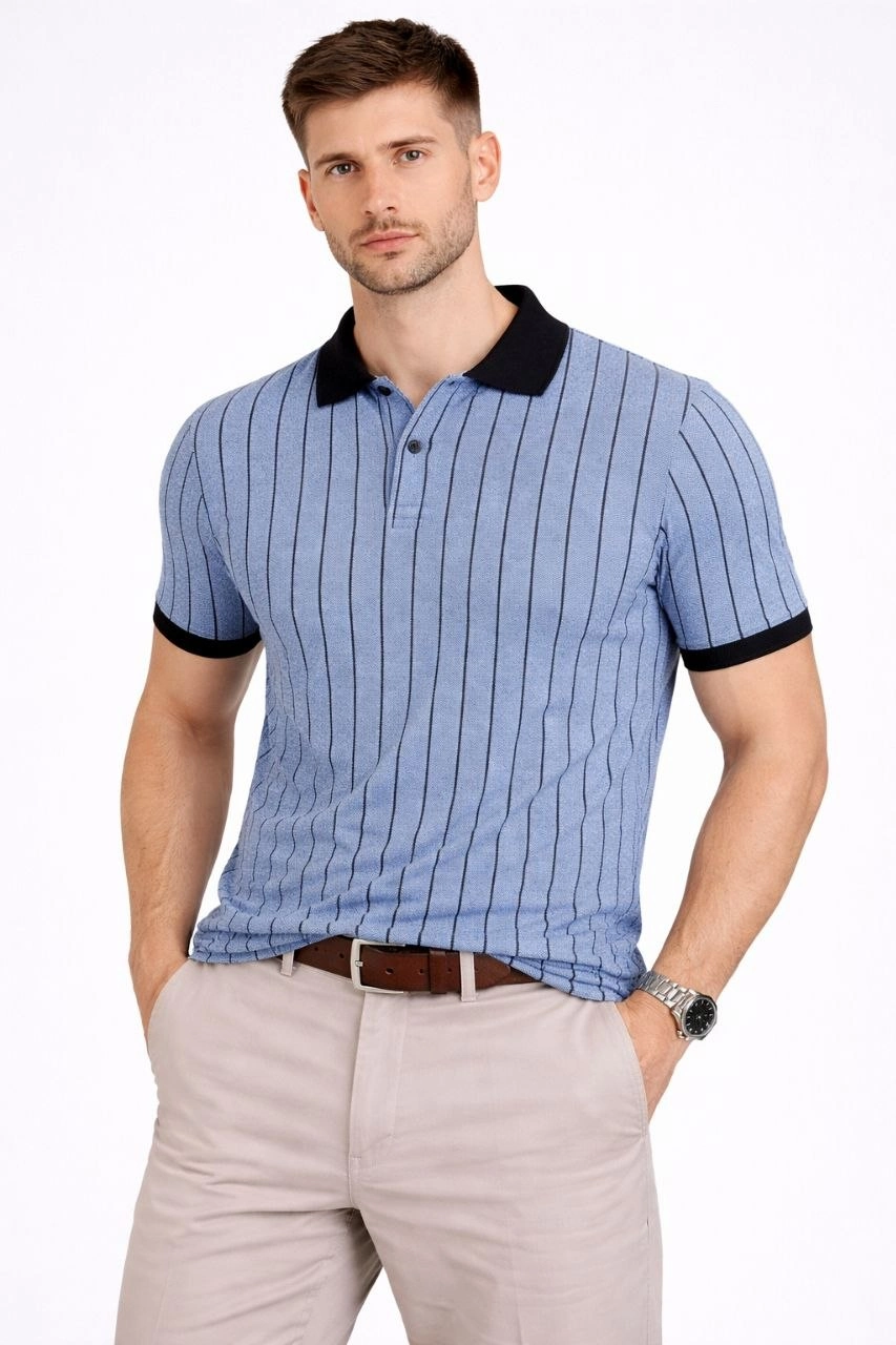 Erkek Polo Yaka Çizgili Tişört Kısa Kol Düğmeli Yazlık T-Shirt - Bebek Mavisi