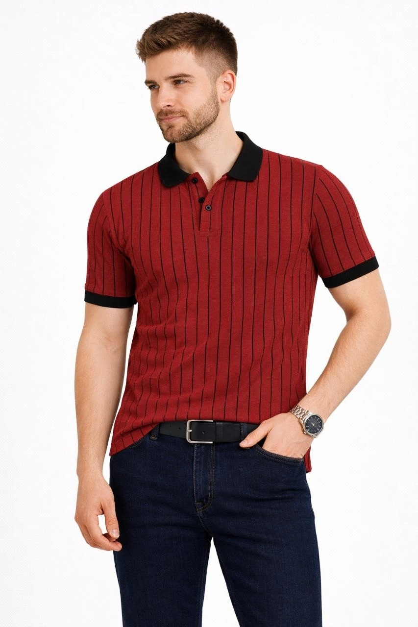 Erkek Polo Yaka Çizgili Tişört Kısa Kol Düğmeli Yazlık T-Shirt - Bordo
