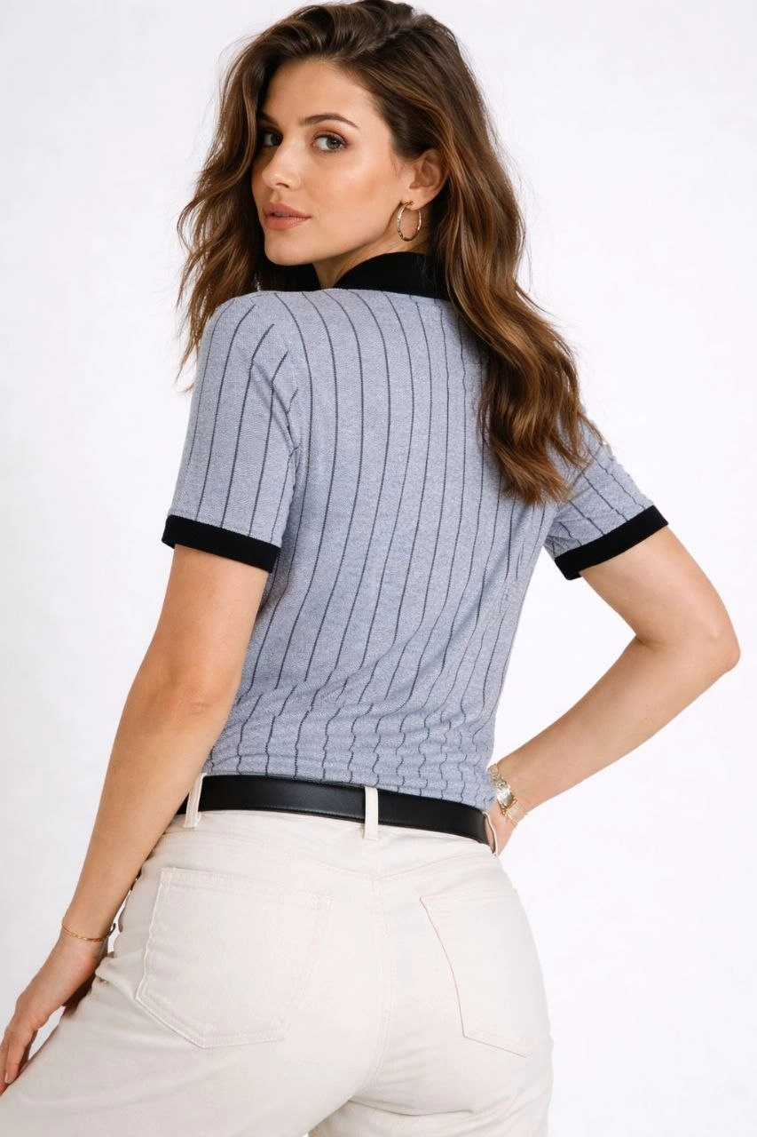 Kadın Polo Yaka Çizgili Tişört Kısa Kol Düğmeli Yazlık T-Shirt - Bebek Mavisi