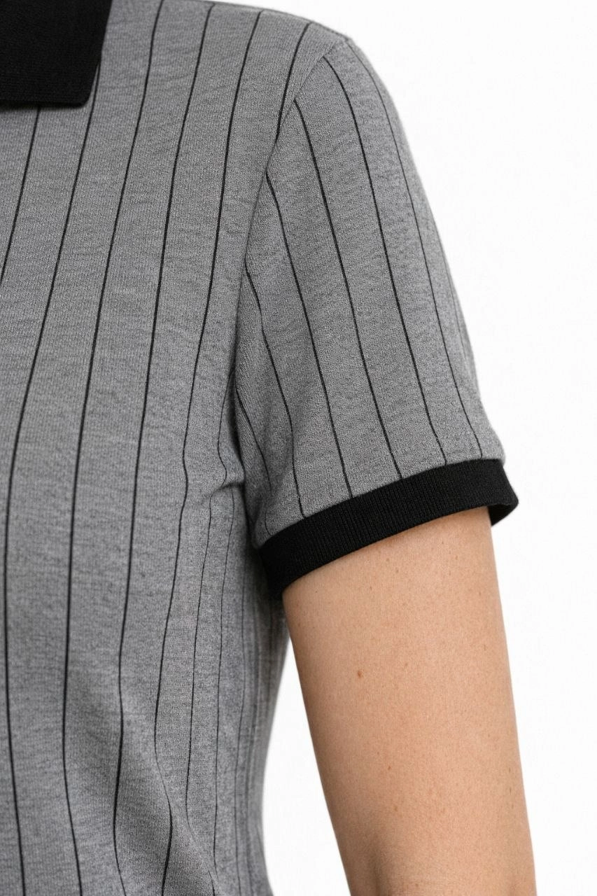 Kadın Polo Yaka Çizgili Tişört Kısa Kol Düğmeli Yazlık T-Shirt - Gri