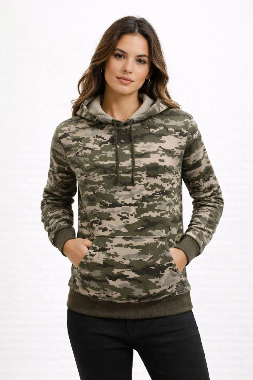 Kadın Kamuflaj Desenli 2 İplik 4 Mevsim Kapüşonlu Kanguru Cepli Hoodie Sweatshirt - Kamuflaj