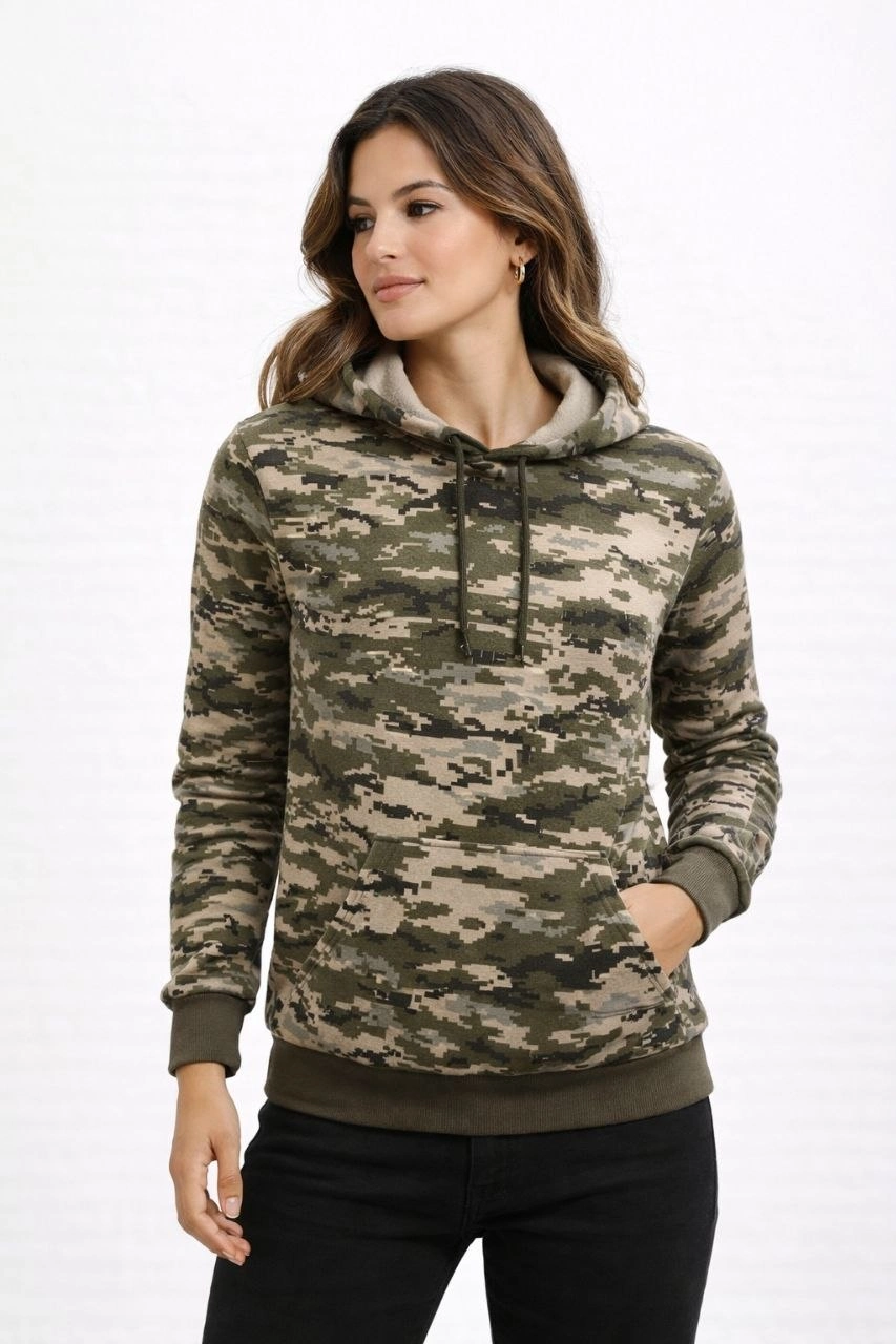 Kadın Kamuflaj Desenli 2 İplik 4 Mevsim Kapüşonlu Kanguru Cepli Hoodie Sweatshirt - Kamuflaj