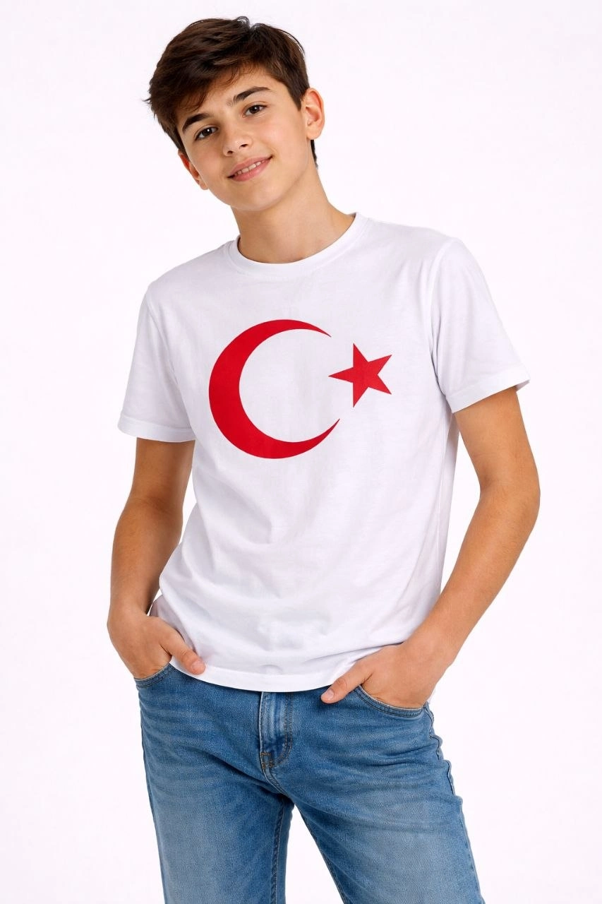 Erkek Çocuk Tişört Bisiklet Yaka Ay Yıldız Bayrak Baskılı T-Shirt - Beyaz
