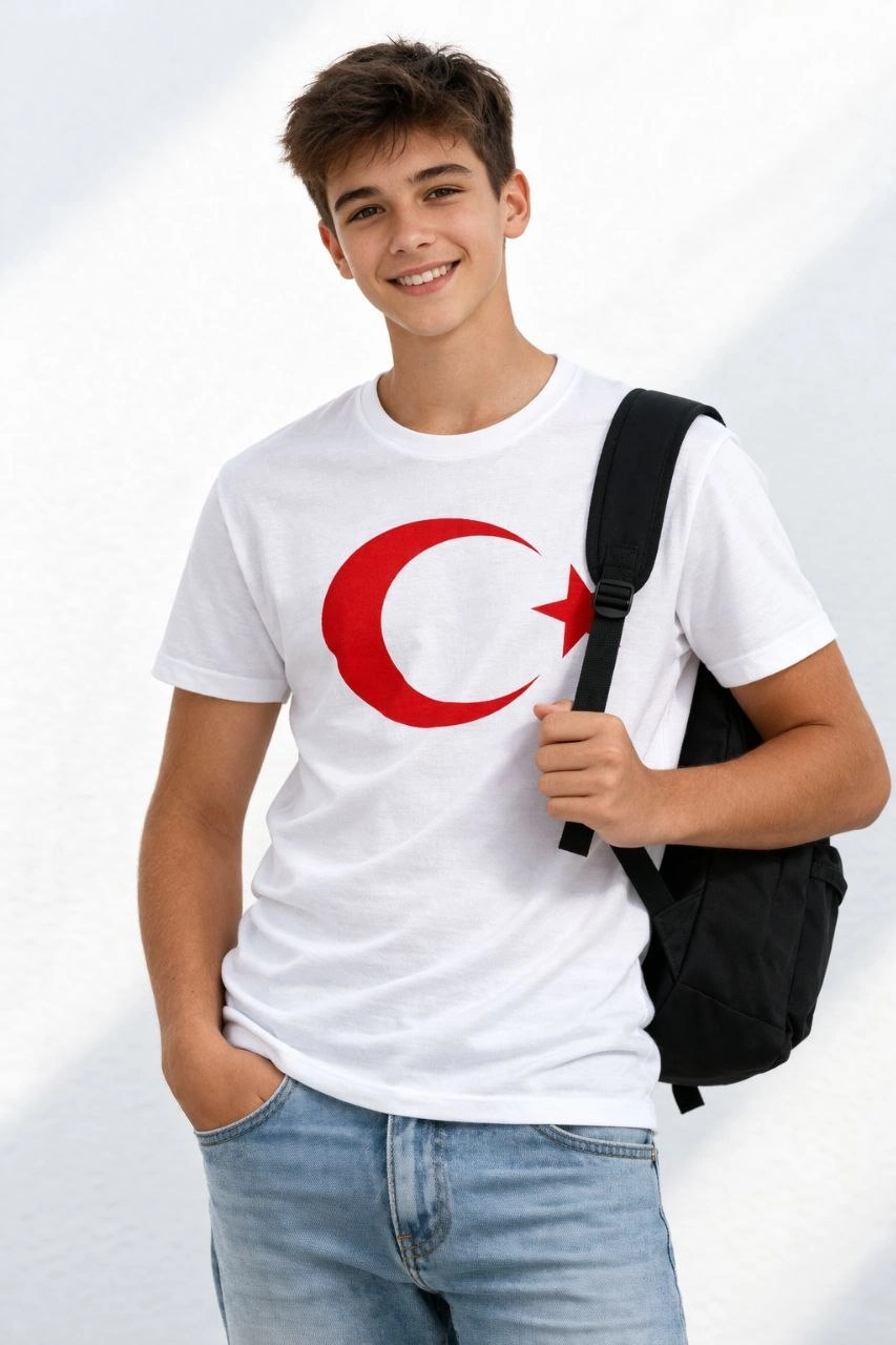 Erkek Çocuk Tişört Bisiklet Yaka Ay Yıldız Bayrak Baskılı T-Shirt - Beyaz