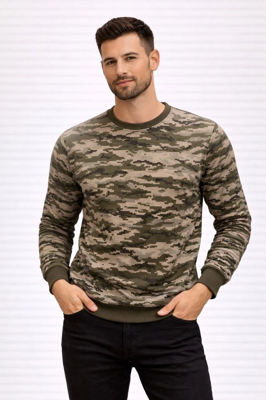 Erkek Kamuflaj Desenli 2 İplik 4 Mevsim Uzun Kollu Bisiklet Yaka Sweatshirt - Kamuflaj