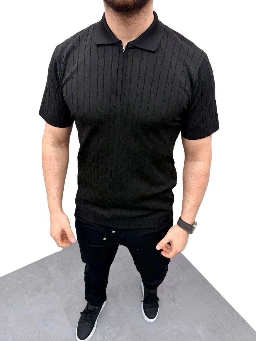 Erkek Yazlık Triko Saç Örgü Tişört Kısa Kol Polo Yaka Fermuarlı T-Shirt - Siyah