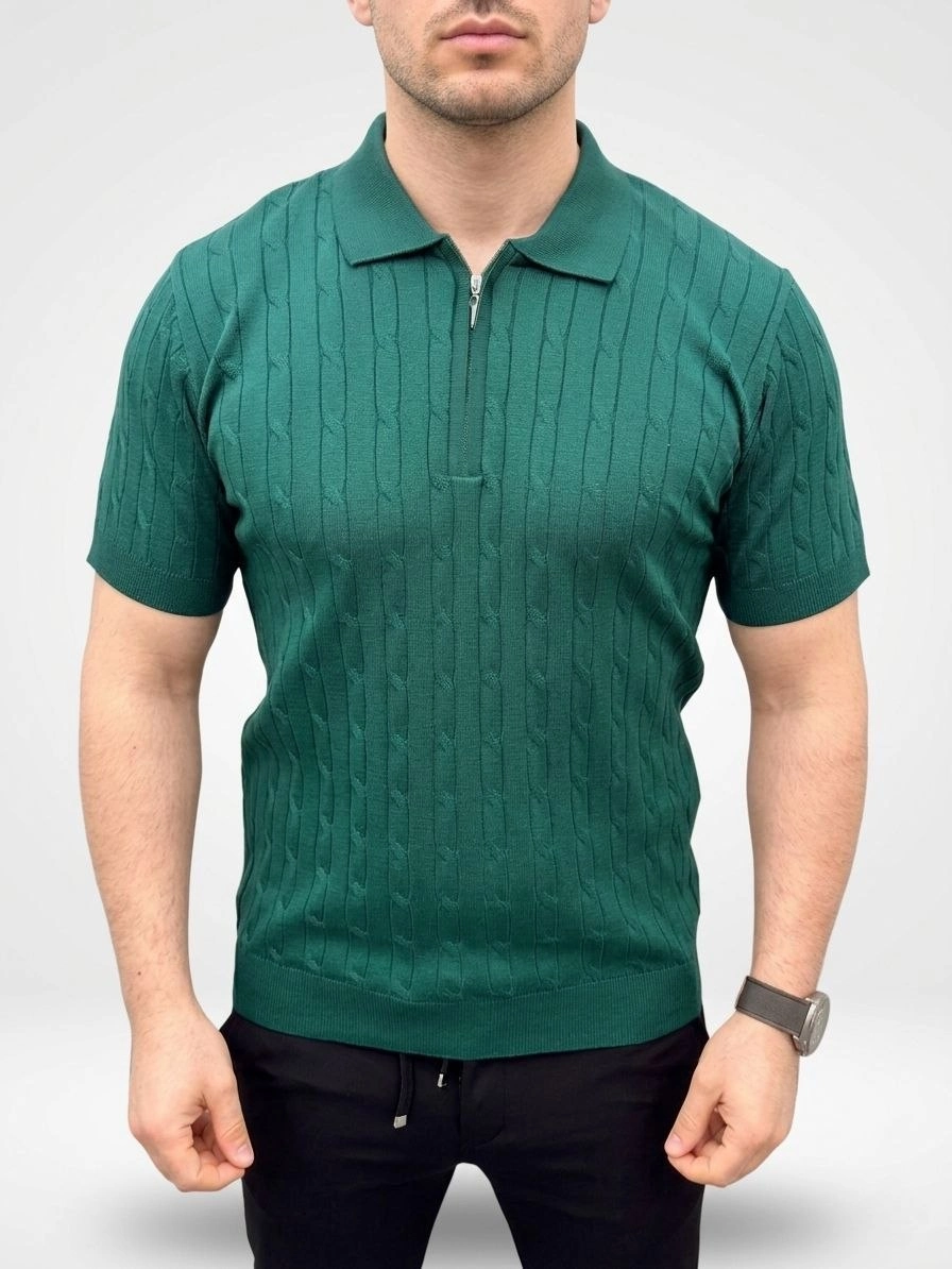 Erkek Yazlık Triko Saç Örgü Tişört Kısa Kol Polo Yaka Fermuarlı T-Shirt - Haki