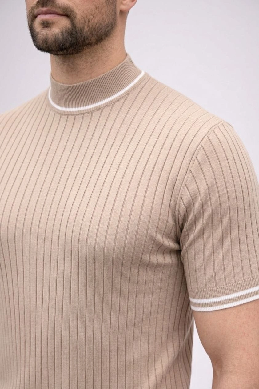 Erkek Fitilli Triko Dokuma Kısa Kol Tişört Yarım Boğaz Modern Yazlık T-Shirt - Bej