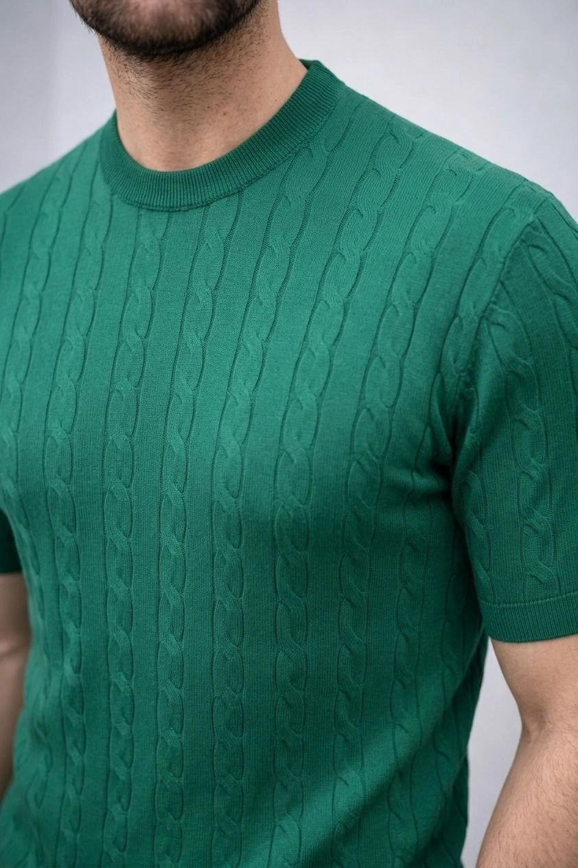 Erkek Yazlık Triko Dokuma Tişört Kısa Kol Bisiklet Yaka Örgü Desenli T-Shirt - Haki