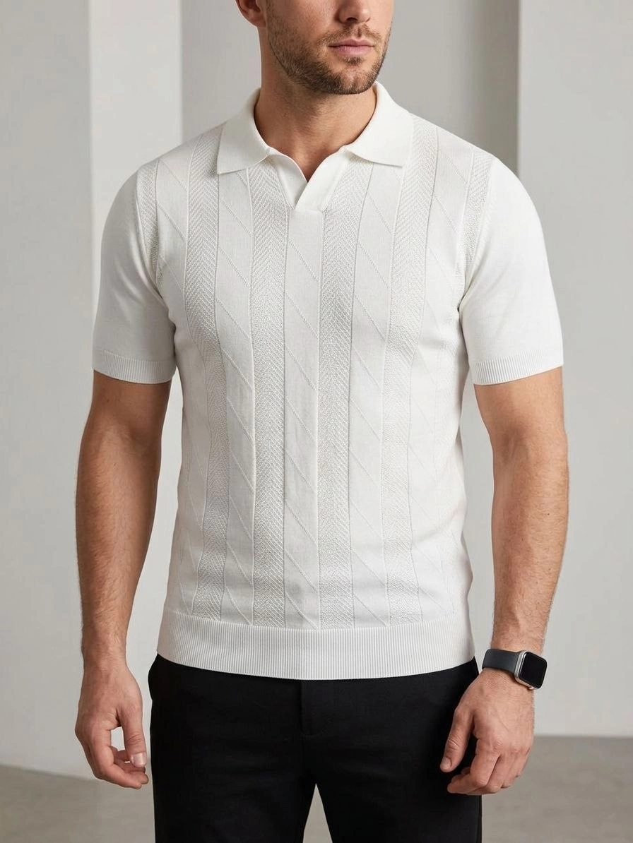 Erkek Yazlık Triko Dokuma Tişört Kısa Kol Polo Yaka T-Shirt - Beyaz