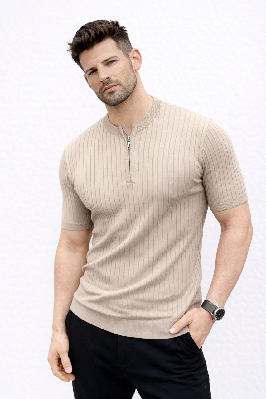 Erkek Kısa Kol Fitilli Triko T-Shirt Yazlık Hakim Yaka Tişört - Bej