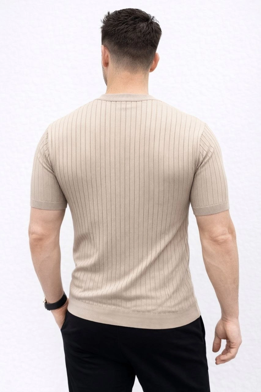 Erkek Kısa Kol Fitilli Triko T-Shirt Yazlık Hakim Yaka Tişört - Bej
