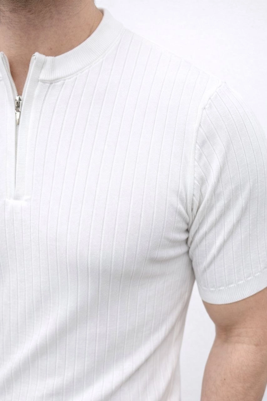 Erkek Kısa Kol Fitilli Triko T-Shirt Yazlık Hakim Yaka Tişört - Beyaz