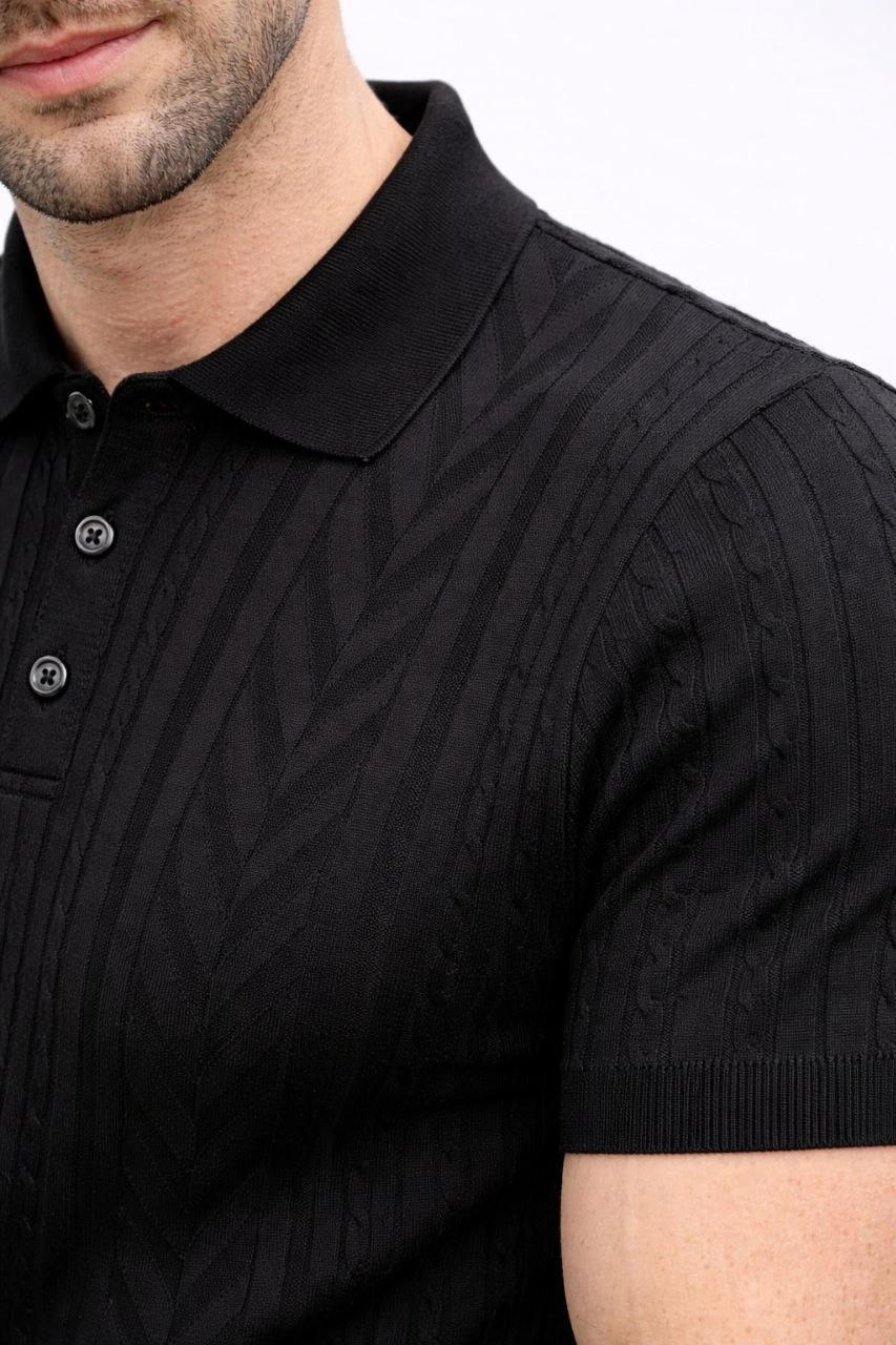 Erkek Yazlık Triko Tişört Kısa Kol Polo Yaka Düğmeli T-Shirt - Siyah