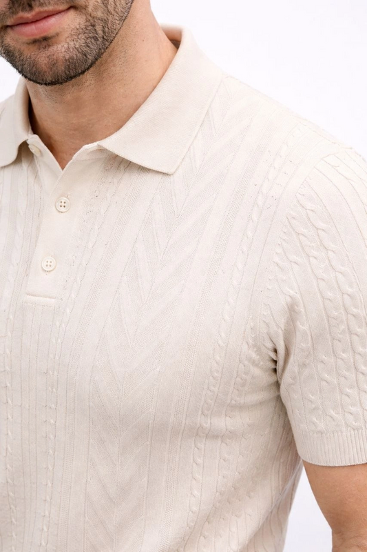 Erkek Yazlık Triko Tişört Kısa Kol Polo Yaka Düğmeli T-Shirt - Krem