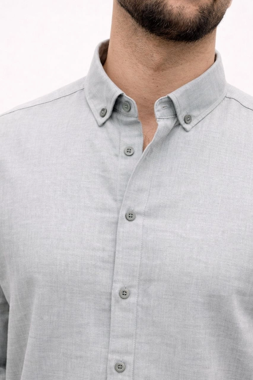 Erkek KETEN Kumaş Oversize Uzun Kollu Rahat Kalıp Gömlek - Boyalı Gri