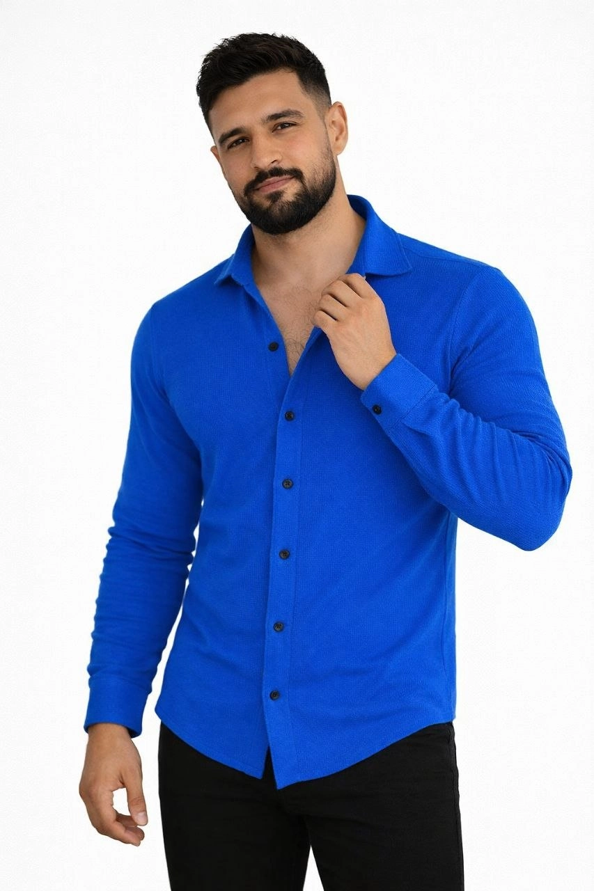 Erkek Waffle Kumaş Uzun Kollu Düğmeli Açık Yaka Regular Fit Gömlek - Saks Mavisi