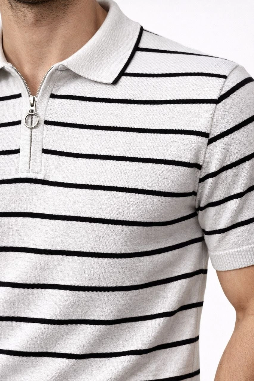 Erkek Triko Polo Yaka Fermuarlı Çizgili Tişört T-Shirt Yazlık Şık - Beyaz