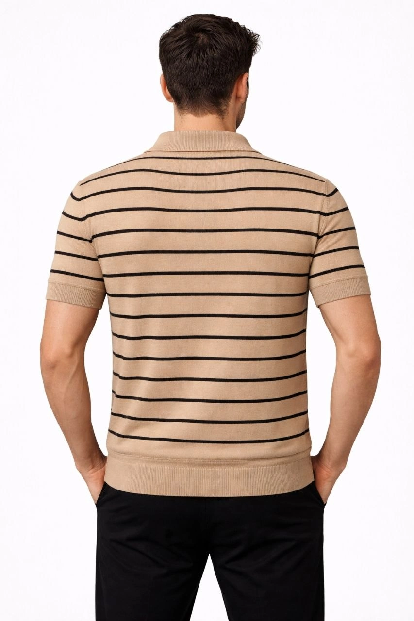 Erkek Triko Polo Yaka Fermuarlı Çizgili Tişört T-Shirt Yazlık Şık - Kahverengi