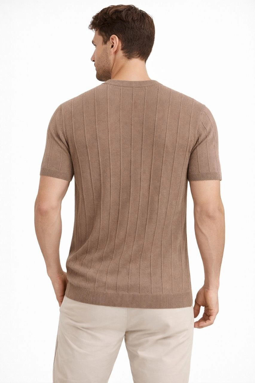 Erkek Yazlık Fitilli Triko Tişört Kısa Kol Bisiklet Yaka T-Shirt - Kahverengi