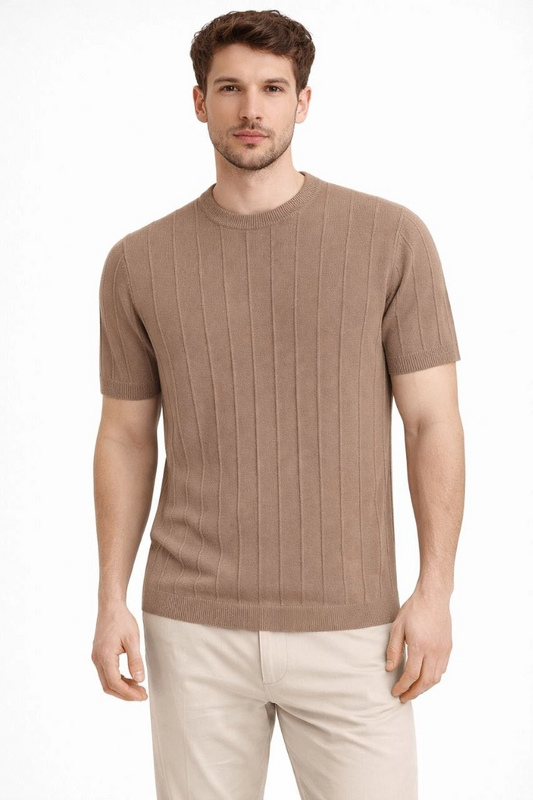 Erkek Yazlık Fitilli Triko Tişört Kısa Kol Bisiklet Yaka T-Shirt - Kahverengi