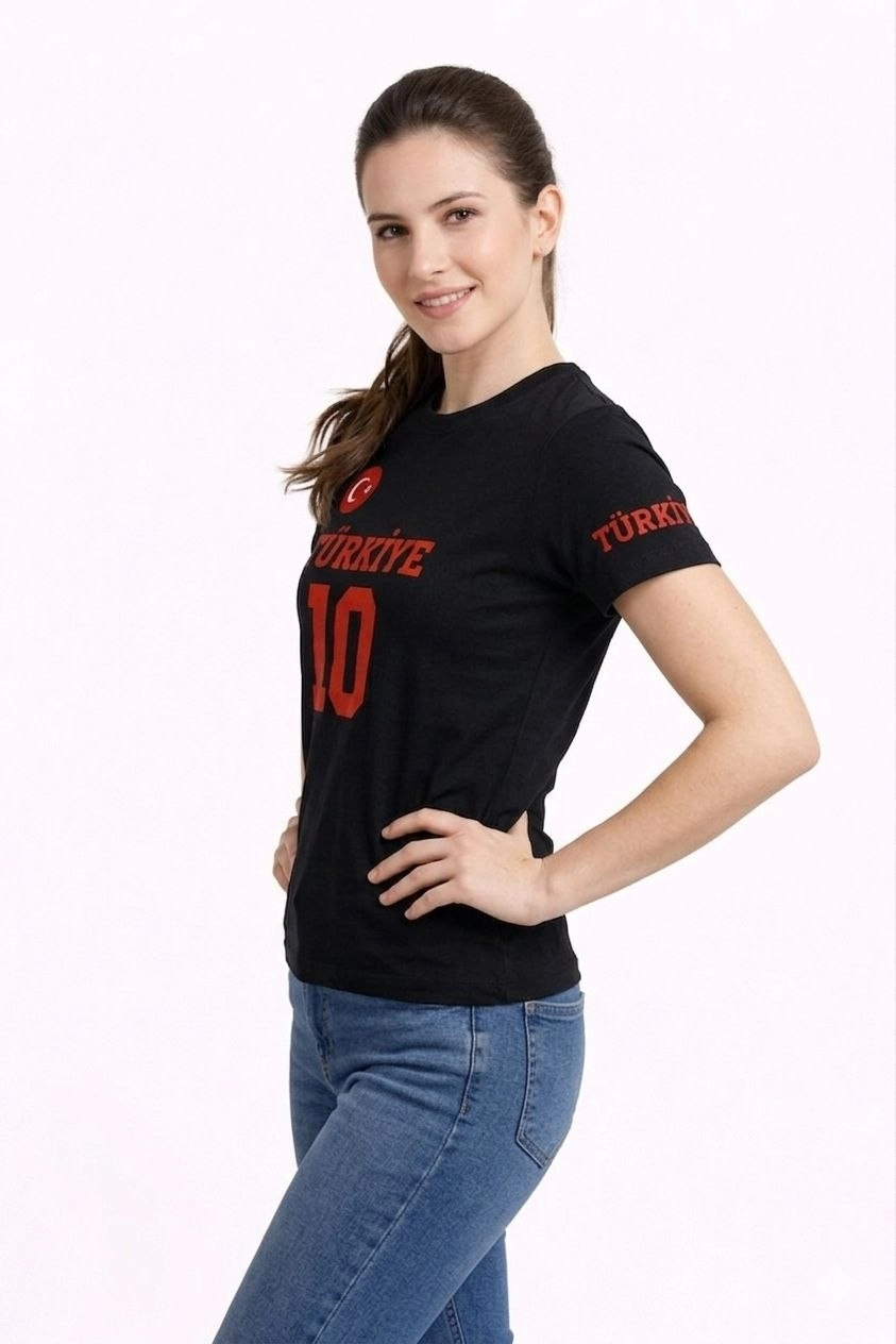 Kadın TÜRKİYE Ay Yıldız Baskılı 10 Numara Forma Tişört Taraftar T-Shirt - Siyah