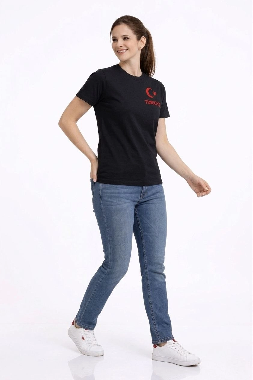 Kadın TÜRKİYE Ay Yıldız Baskılı Taraftar Forma T-Shirt - Siyah
