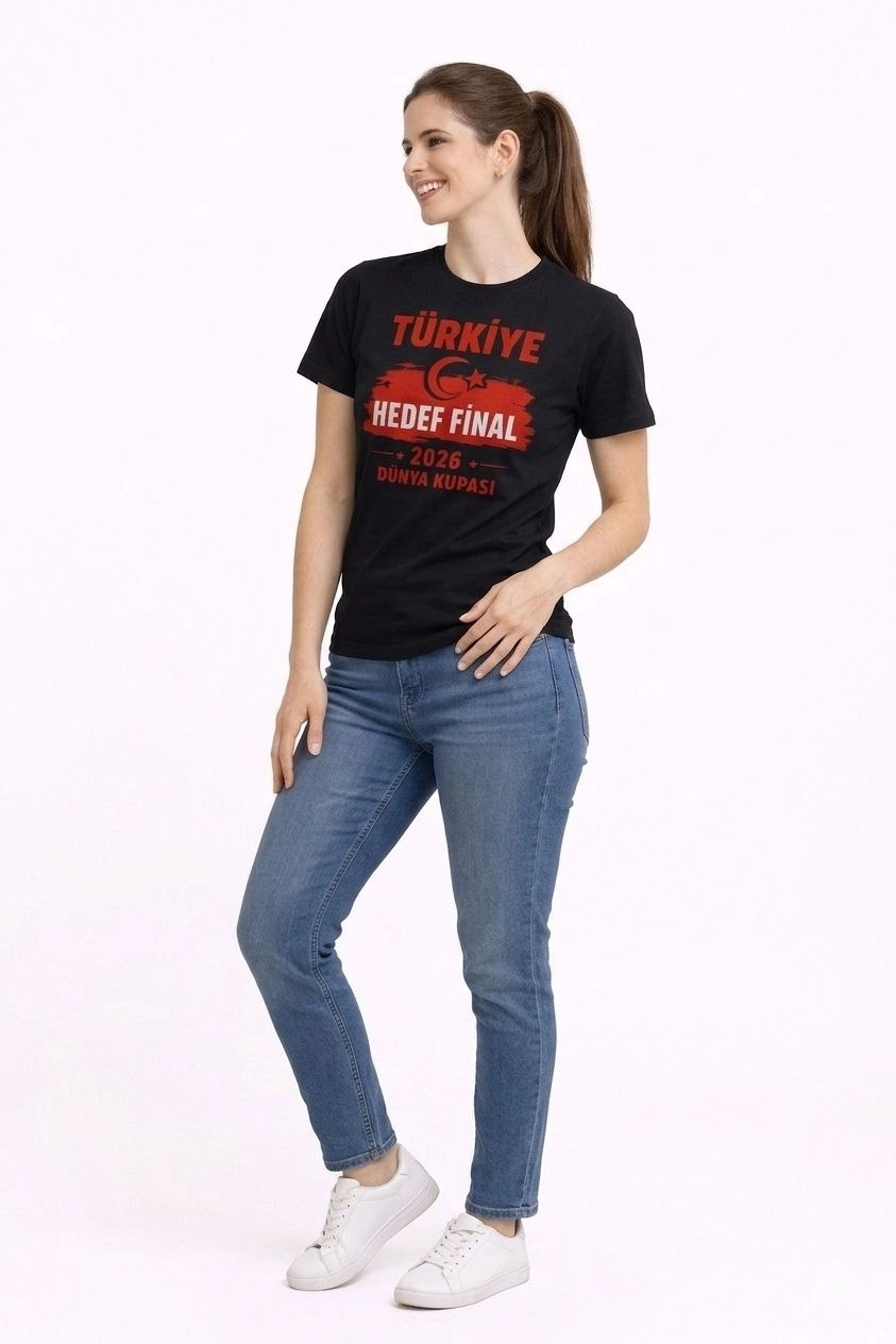 Kadın TÜRKİYE Baskılı Tişört Ay Yıldız 2026 Dünya Kupası Taraftar Forma T-Shirt - Siyah