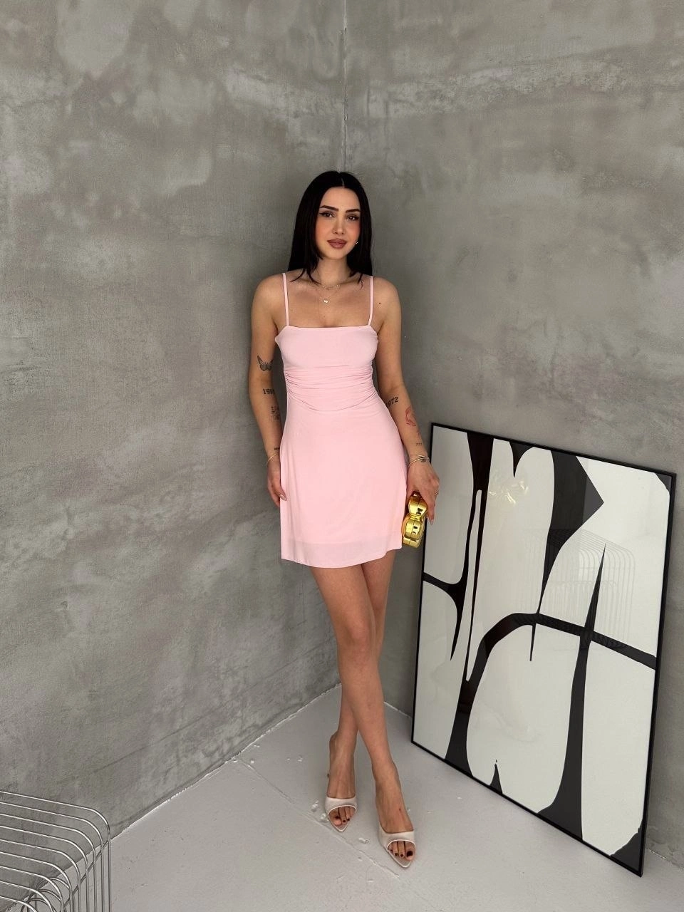 Kadın Askılı Şifon Mini Elbise Drapeli Bel Vücuda Oturan Yazlık Şık - Pembe