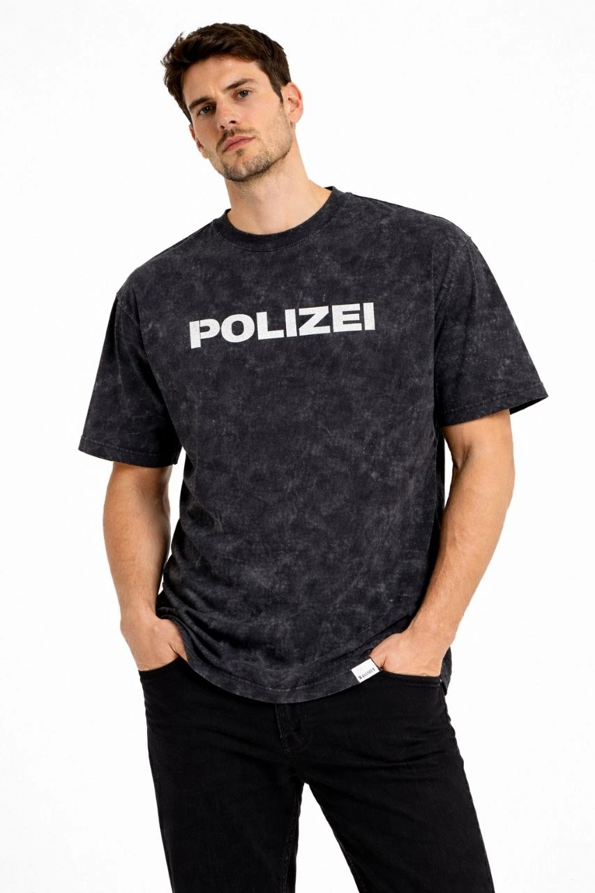 Erkek Asit Yıkamalı Baskılı Tişört Bisiklet Yaka Kısa Kollu Streetwear T-shirt - Siyah
