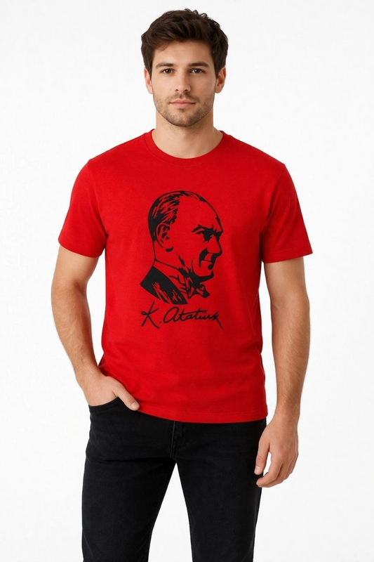 Erkek Atatürk Baskılı Tişört Kısa Kollu Bisiklet Yaka T-Shirt - Kırmızı
