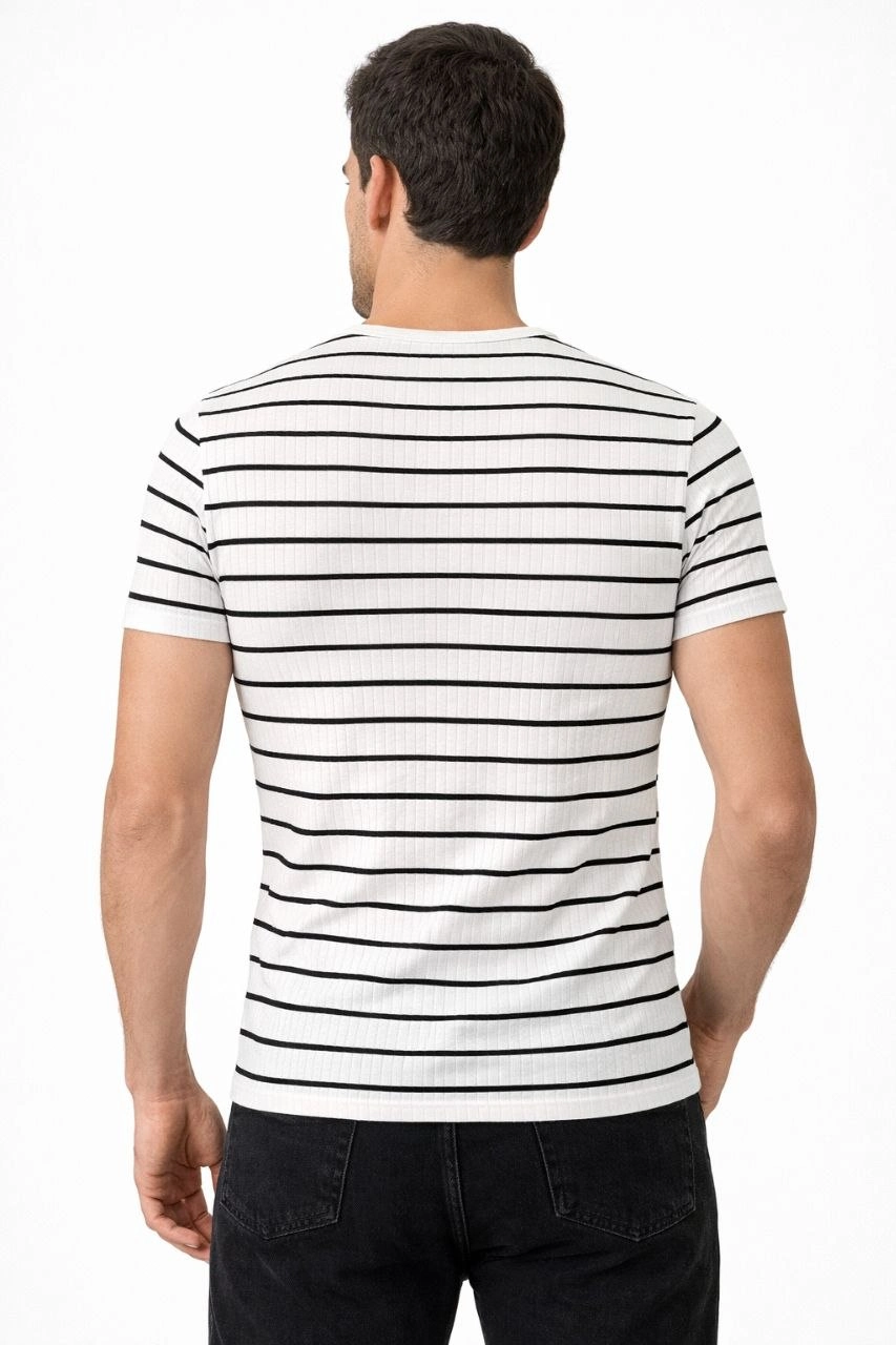 Erkek Çizgili Yazlık Triko T-Shirt Slim Fit Dar Kesim Body Bisiklet Yaka - Beyaz