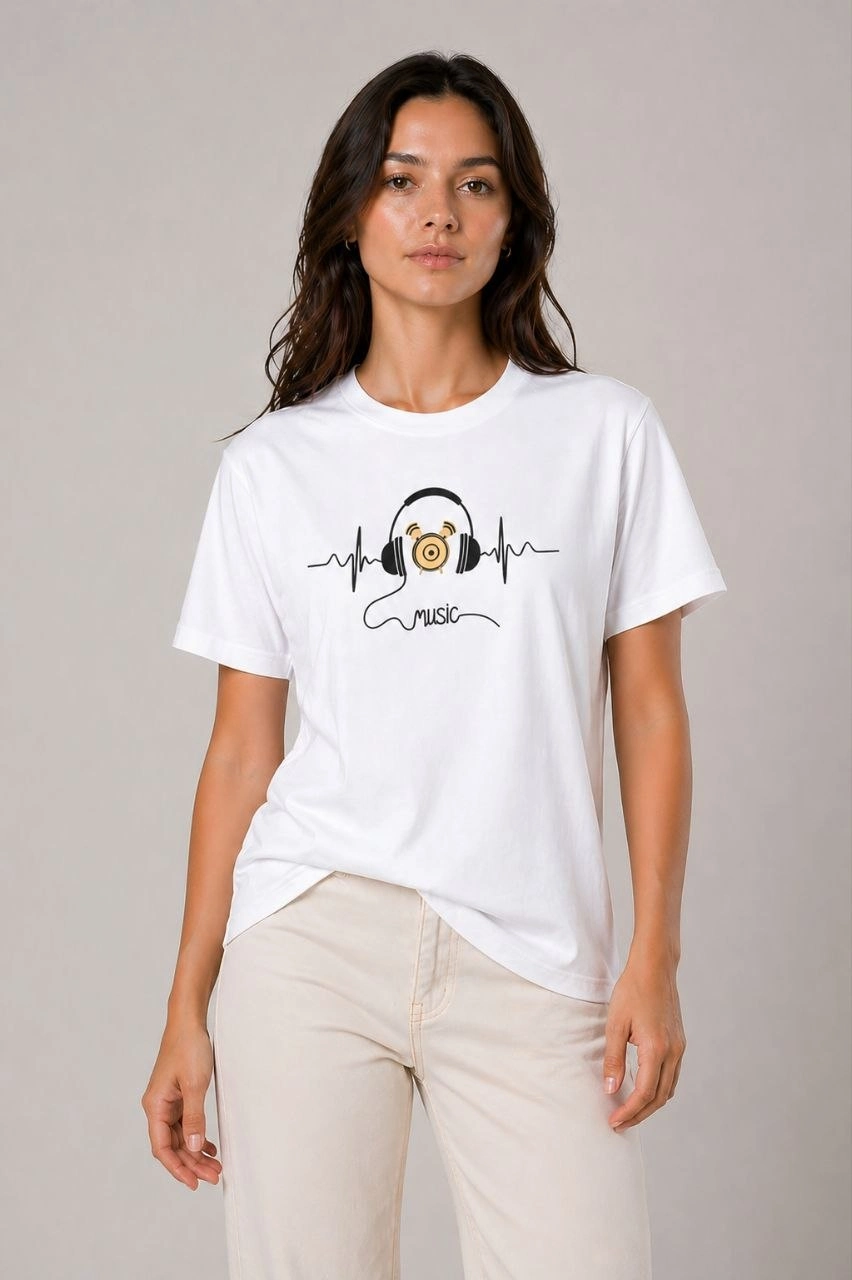 Kadın Müzik Temalı Baskılı Tişört Bisiklet Yaka Kısa Kol T-Shirt - Beyaz