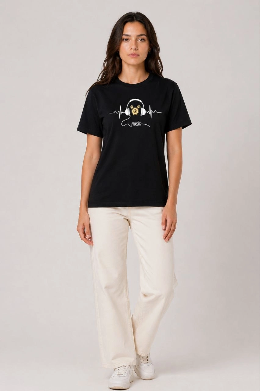 Kadın Müzik Temalı Baskılı Tişört Bisiklet Yaka Kısa Kol T-Shirt - Siyah