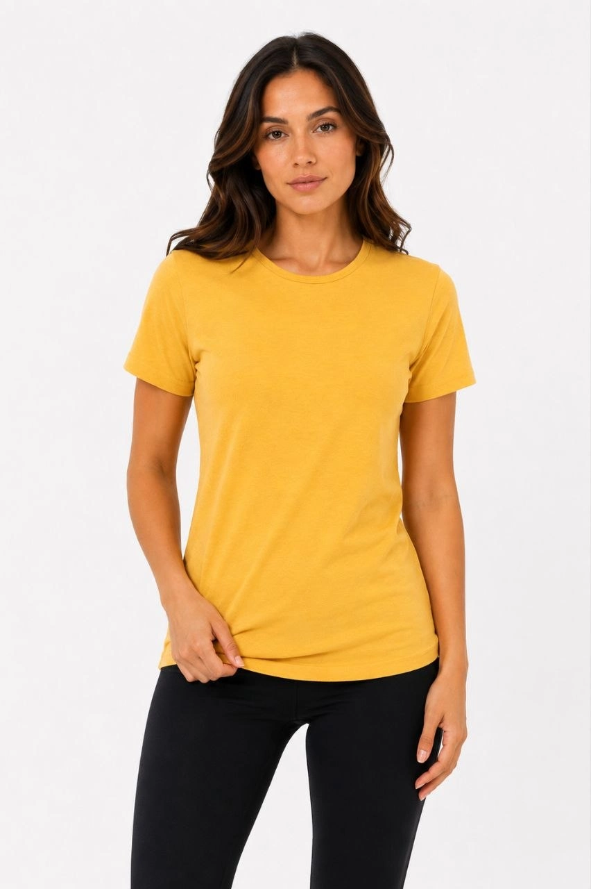 Kadın Basic Tişört Bisiklet Yaka Kısa Kol Günlük Yazlık Slim fit T-Shirt - Sarı