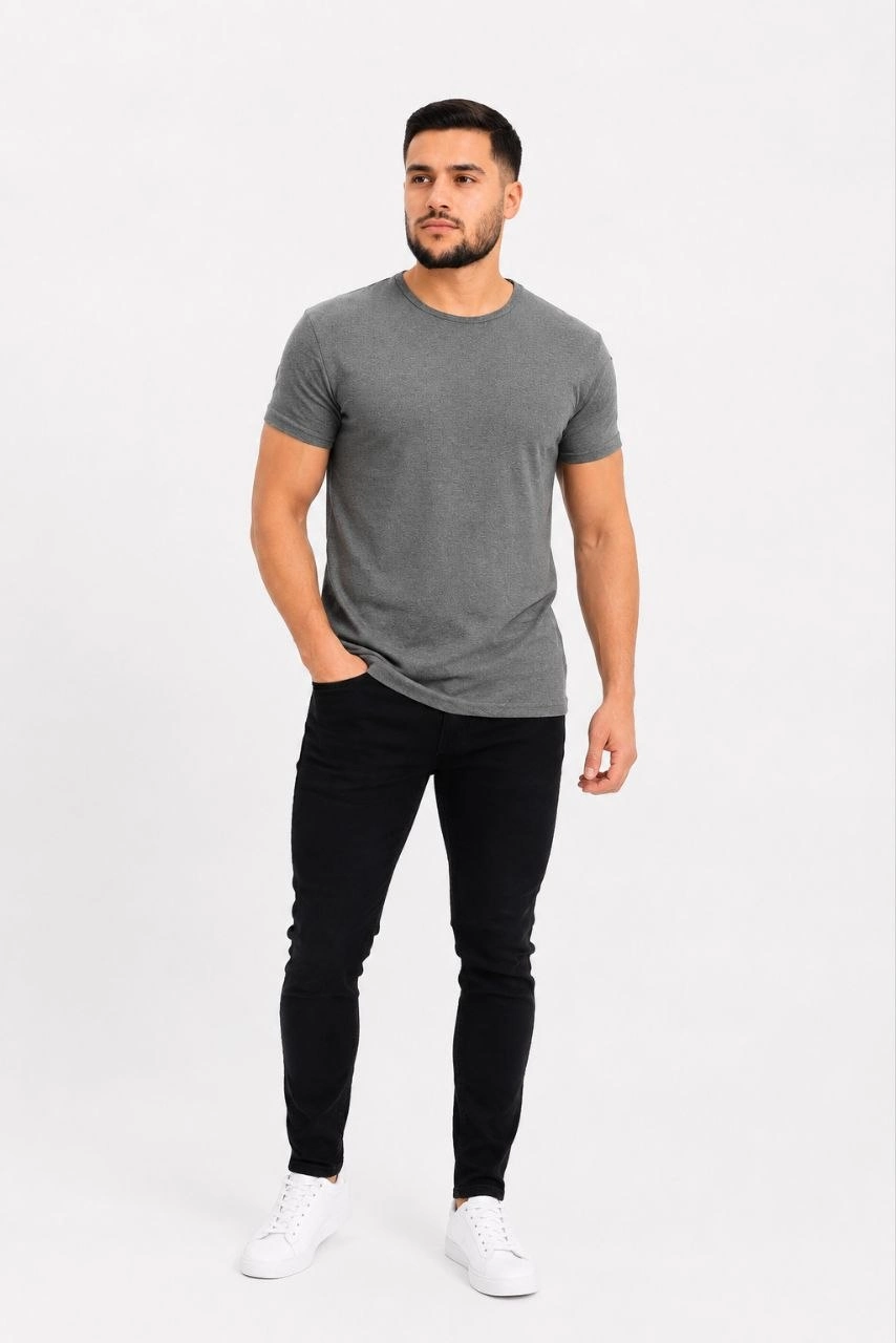 Erkek Basic Tişört Bisiklet Yaka Kısa Kol Günlük Yazlık Slim fit T-Shirt - Antrasit