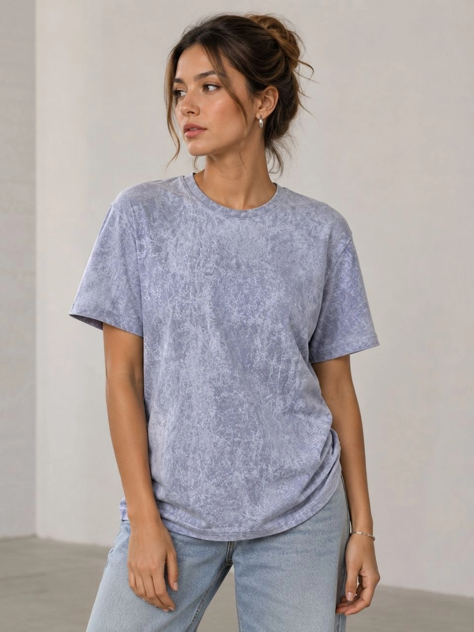 Kadın Yıkamalı Washed Effect Tişört Bisiklet Yaka Sokak Stil Kısa Kol T-Shirt - Gri